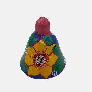 Vintage Clay / Ceramic Bell with Hand Painted Floral Design Yellow Flowers 3.5"
